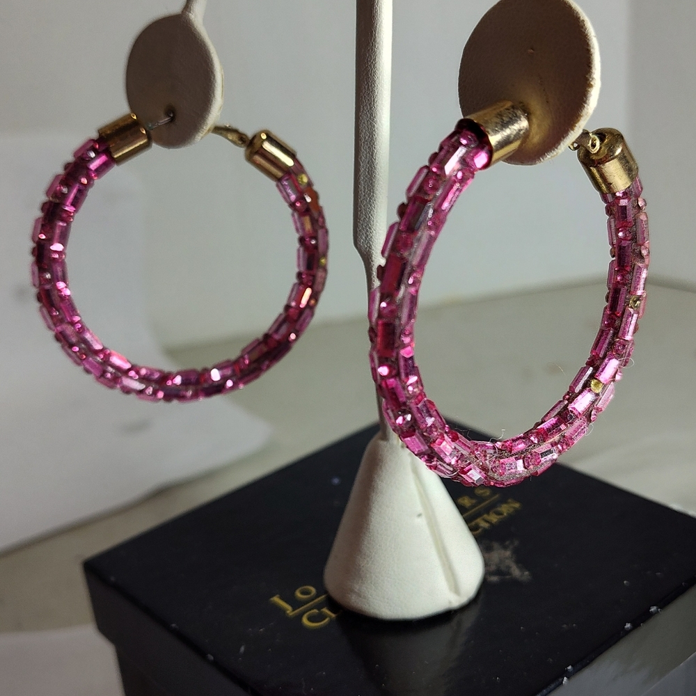 Guess Raspberry Pink Beaded Hoop Earrings Nwot